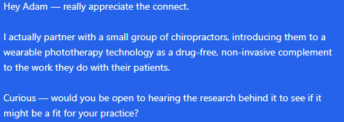 Ella's first outreach message to a chiropractor on LinkedIn