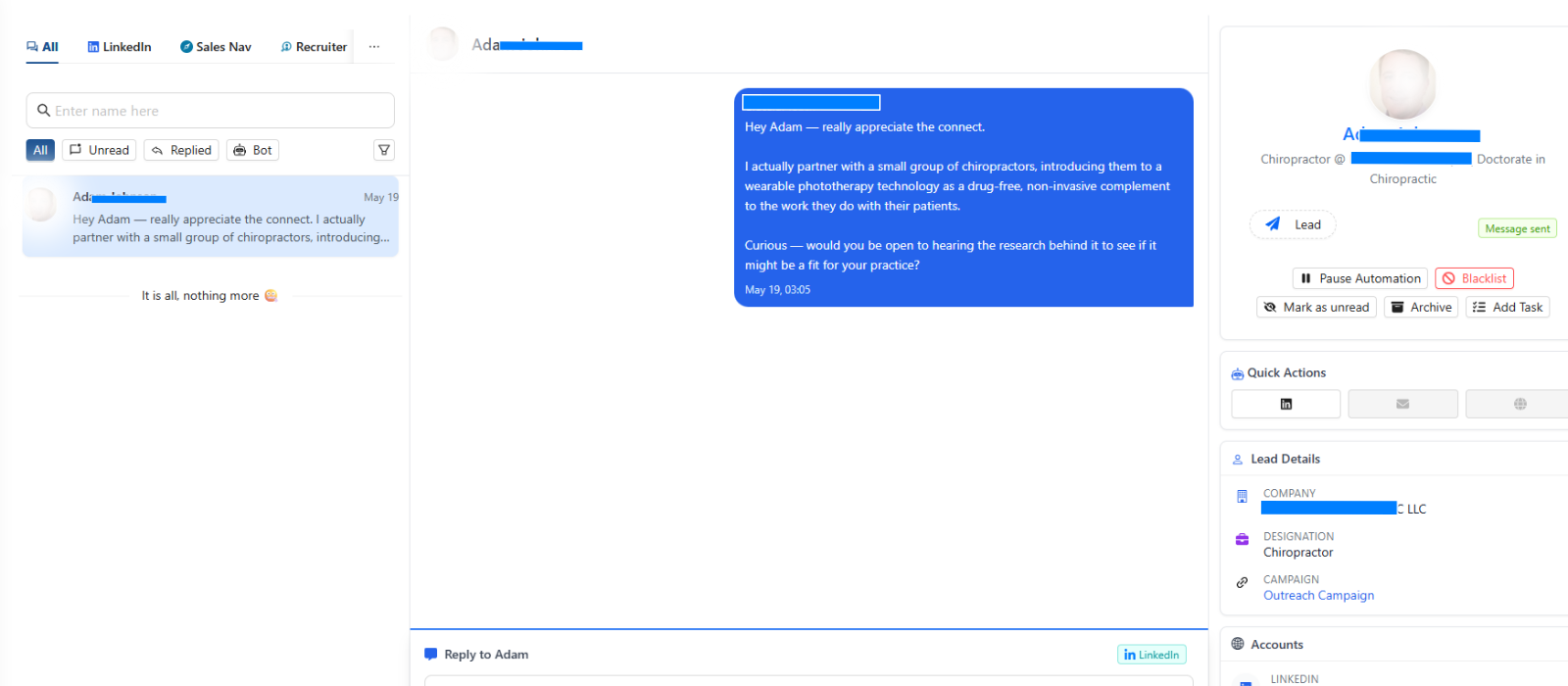 Wave Builder PRO Workstation — unified inbox showing Ella's conversations with prospects